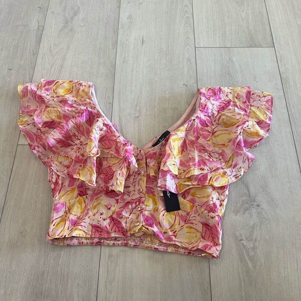 Lulu's Pink and Yellow Floral Ruffle Top